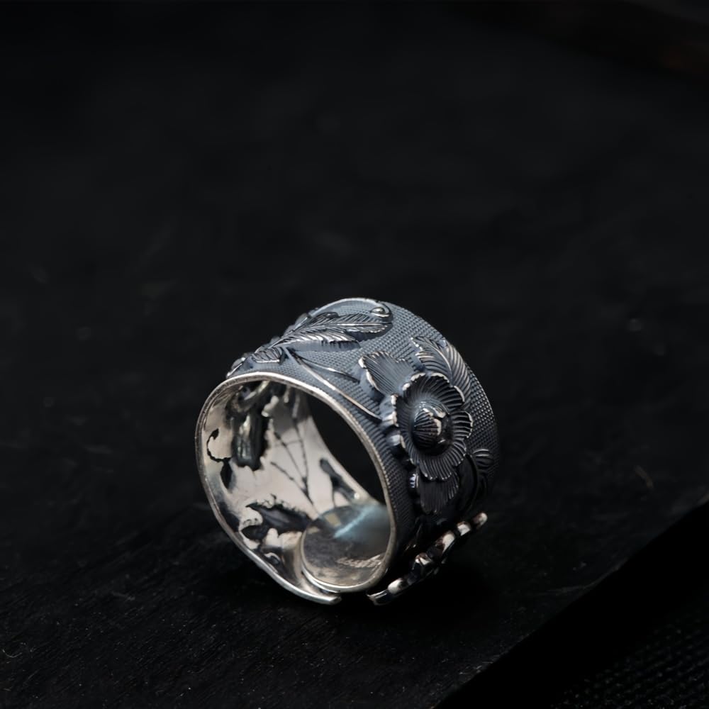 Vintage Wide 999 Sterling Silver Peony Flower Ring for Women 15mm Open Adjustable