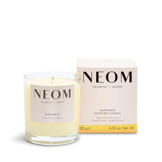 Neom Happiness Scented Candle, 1 Wick | Essential Oil Aromatherapy Candle | Neroli, Mimosa & Lemon | Scent to Make You Happy,White,185 g (Pack of 1),1101170