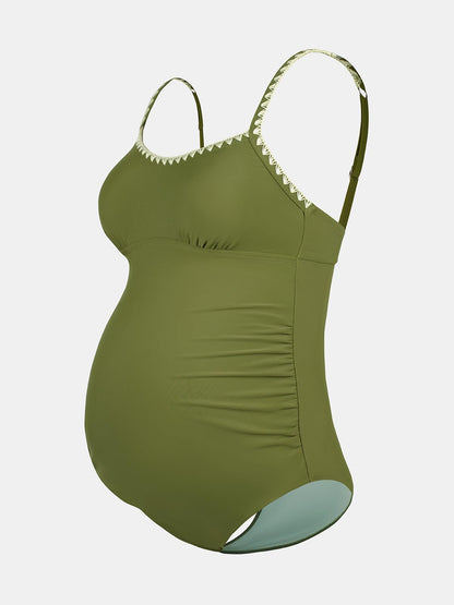 CUPSHE Maternity One Piece Swimsuit Adjustable Strap Ruched Shell Stitched Back Cutout Pregnancy Swimwear Green M