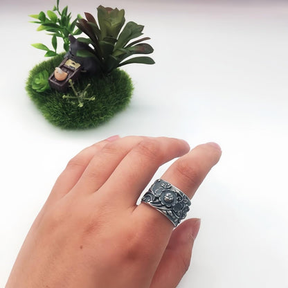 Vintage Wide 999 Sterling Silver Peony Flower Ring for Women 15mm Open Adjustable