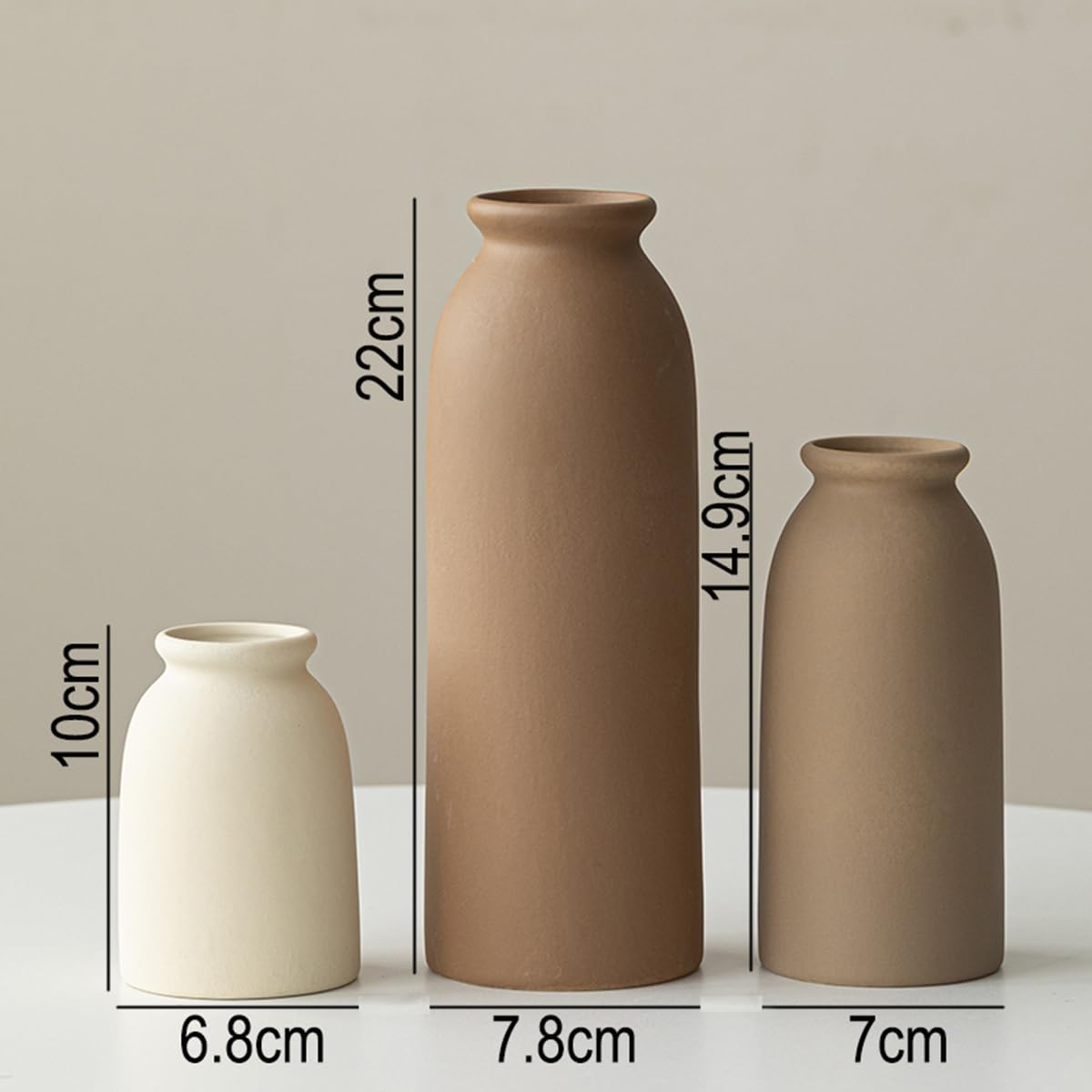 Set of 3 Small Ceramic Vases for Home Decor & Table Centrepieces, Rustic Farmhouse Style, Mini Decorative Flower Vases (Earth Tone M)