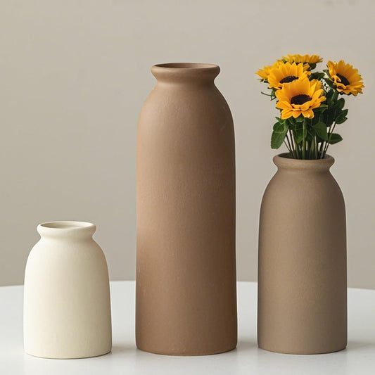 Set of 3 Small Ceramic Vases for Home Decor & Table Centrepieces, Rustic Farmhouse Style, Mini Decorative Flower Vases (Earth Tone M)