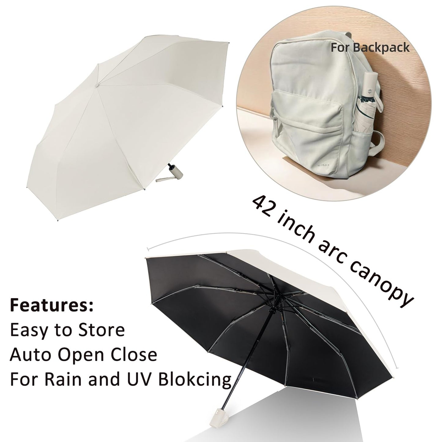 BAODINI Small UV Protection Travel Umbrella Compact for Rain and Sun UPF 50+ Windproof Portable 42 inch Umbrella for Women and Men