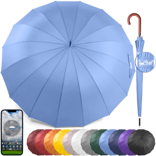 Royal Walk Windproof Umbrella Black Large 54 Inch Automatic Open for 2 Persons Stormproof for Men Women Classic Wooden Handle Lightweight Waterproof Durable Strong 16 Ribs Travel Golf 120cm Slate Blue