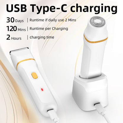 Lady Shavers for Women, Facial Hair Remover for Women 2-in-1 Bikini Trimmer Electric Razor for Arm & Leg &Bikini, IPX7 Waterproof Easy Cleaning (White)