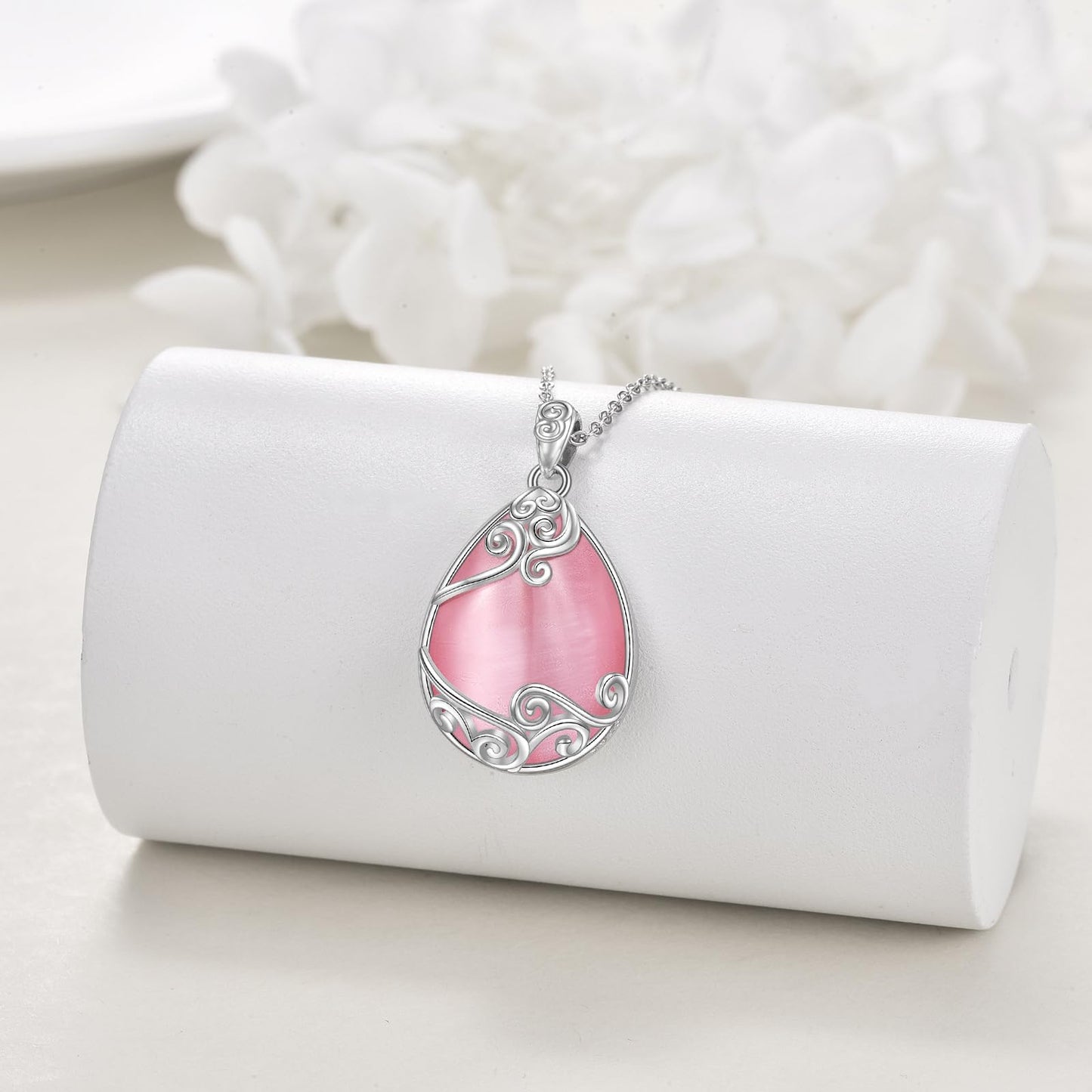 YAFEINI Teardrop Necklace 925 Sterling Silver Pink Natural Stone Necklace Filigree Pendant Necklace Jewellery for Women Girls (V-Pink Opal teardrop necklace)