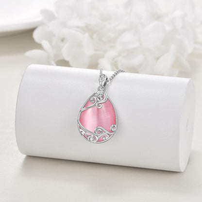 YAFEINI Teardrop Necklace 925 Sterling Silver Pink Natural Stone Necklace Filigree Pendant Necklace Jewellery for Women Girls (V-Pink Opal teardrop necklace)