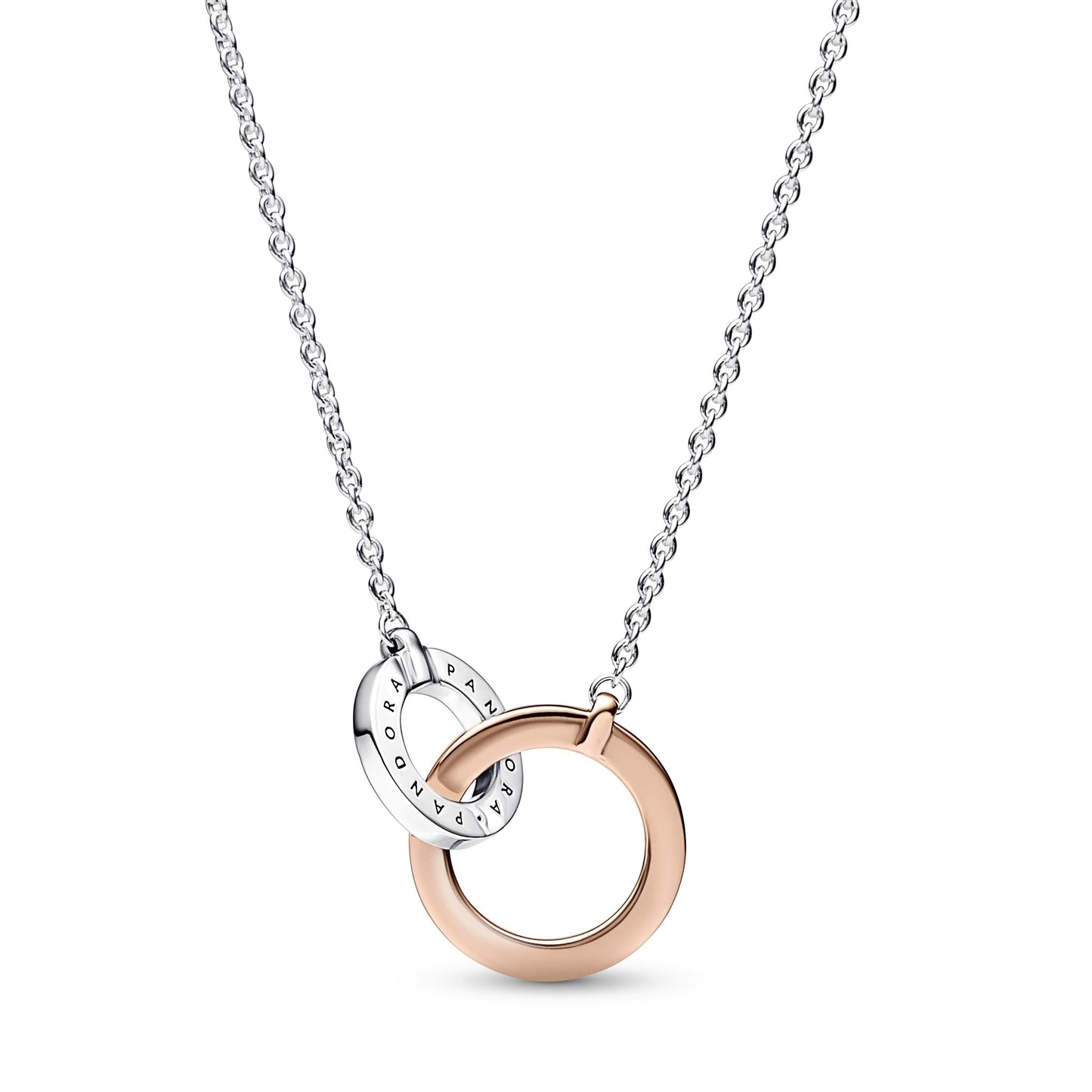 Pandora Signature Two-tone Intertwined Circles sterling silver and 14k rose gold-plated necklace with clear cubic zirconia
