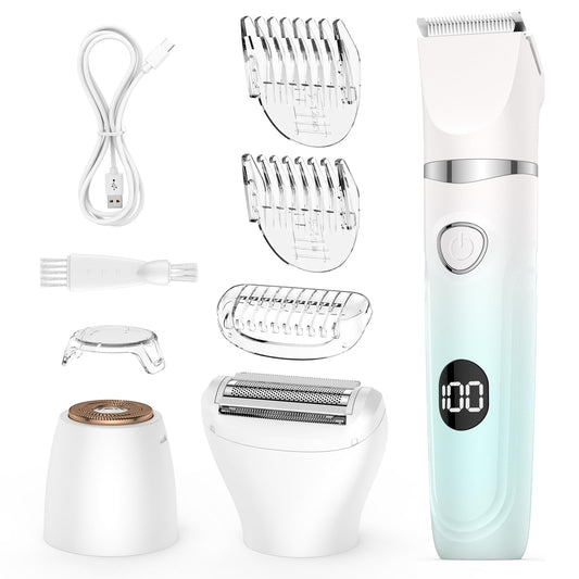 Lady Shaver for Women,3-in-1 Wet & Dry Use Bikini Trimmer for Women,Electric Painless Razor for Legs,Body,Private Area,Sensitive Skin (White)