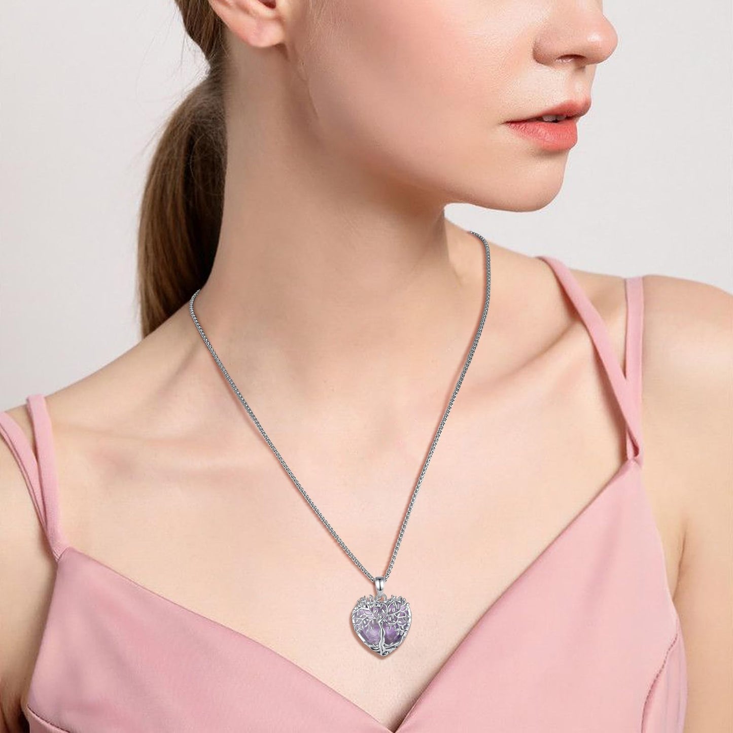 AEONSLOVE Amethyst Necklace Tree of Life Necklace for Women Ladies Girls Amethyst Healing Crystal Necklaces Heart Life Tree Pendant Healing Stones and Crystals Jewellery Gifts