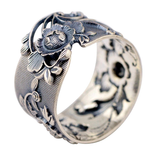 Vintage Wide 999 Sterling Silver Peony Flower Ring for Women 15mm Open Adjustable