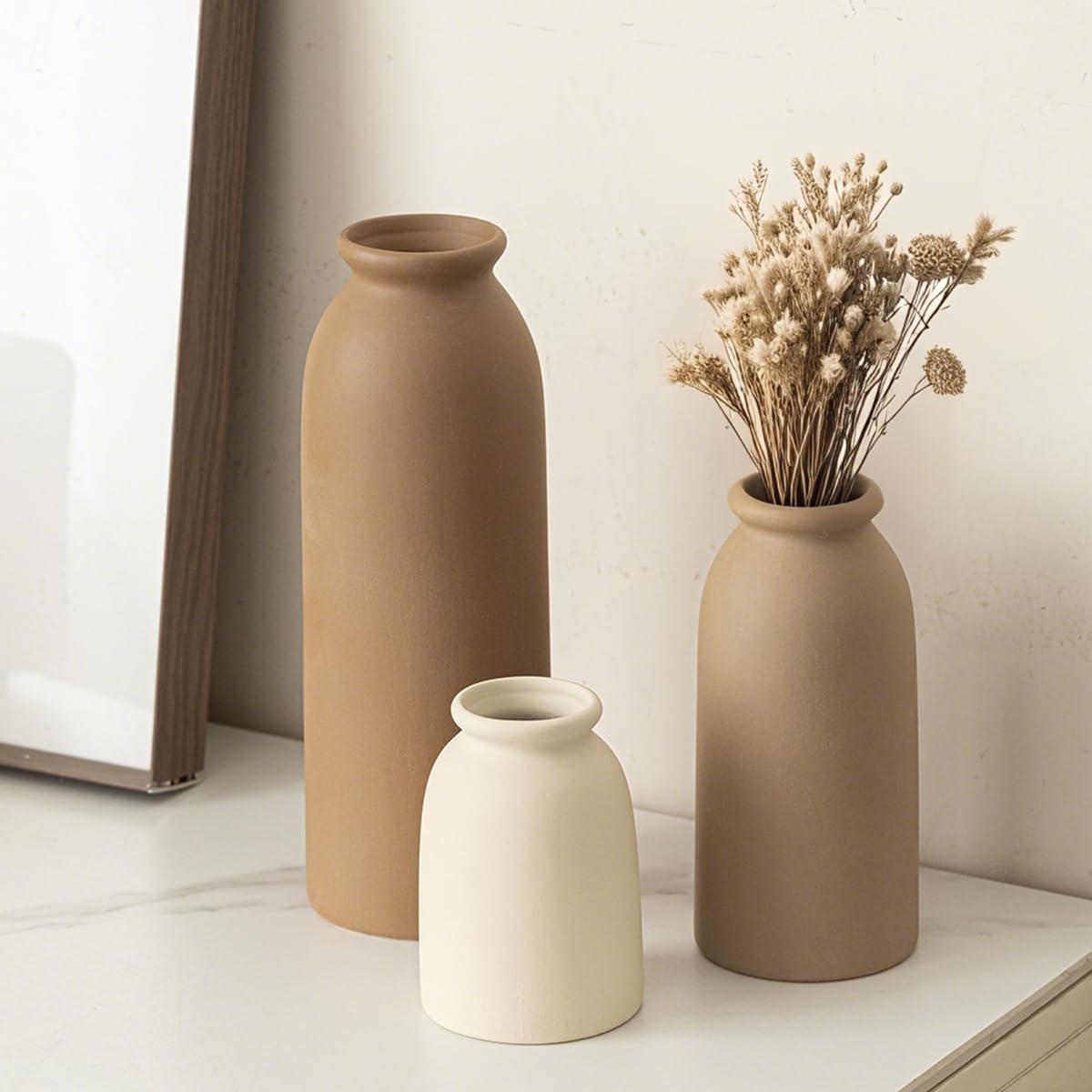 Set of 3 Small Ceramic Vases for Home Decor & Table Centrepieces, Rustic Farmhouse Style, Mini Decorative Flower Vases (Earth Tone M)