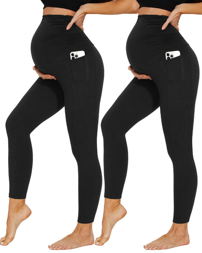 DDOBB 2 Pack Maternity Leggings Over Bump with Pockets High Waist Black Soft Belly Support Stretchy Pregnancy Pants Yoga Workout Pajama Trousers