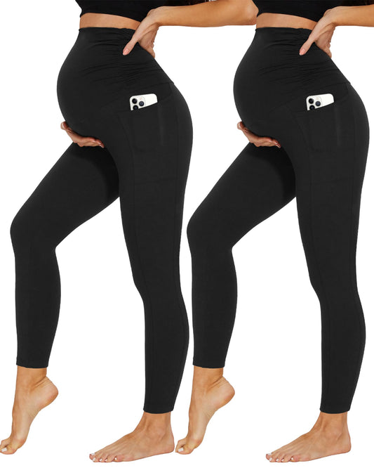 DDOBB 2 Pack Maternity Leggings Over Bump with Pockets High Waist Black Soft Belly Support Stretchy Pregnancy Pants Yoga Workout Pajama Trousers