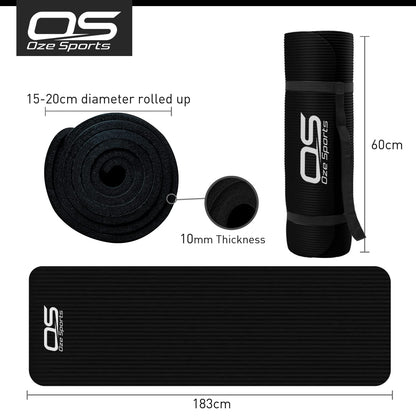 Yoga Mat Exercise NBR Fitness foam mat Extra Thick Non-Slip Large Padded High Density ideal for HiiT Pilates gymnastics mats Fitness & Workout with Free Carry Strap (Black)