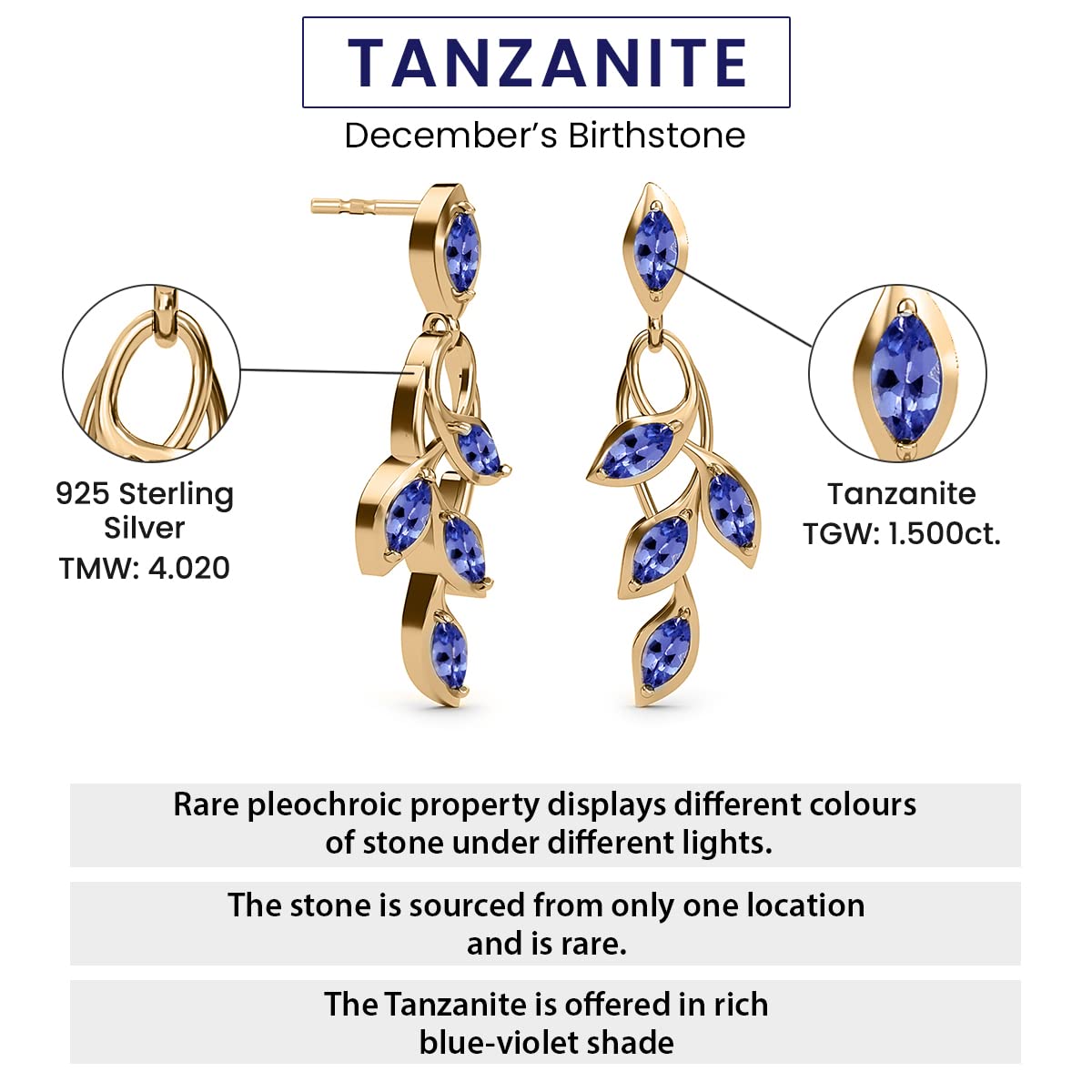 TJC Tanzanite Drop Dangle Earrings for Women in 14ct Gold Plated 925 Sterling Silver for Girlfriend Wife Mother Blue Coloured December Birthstone