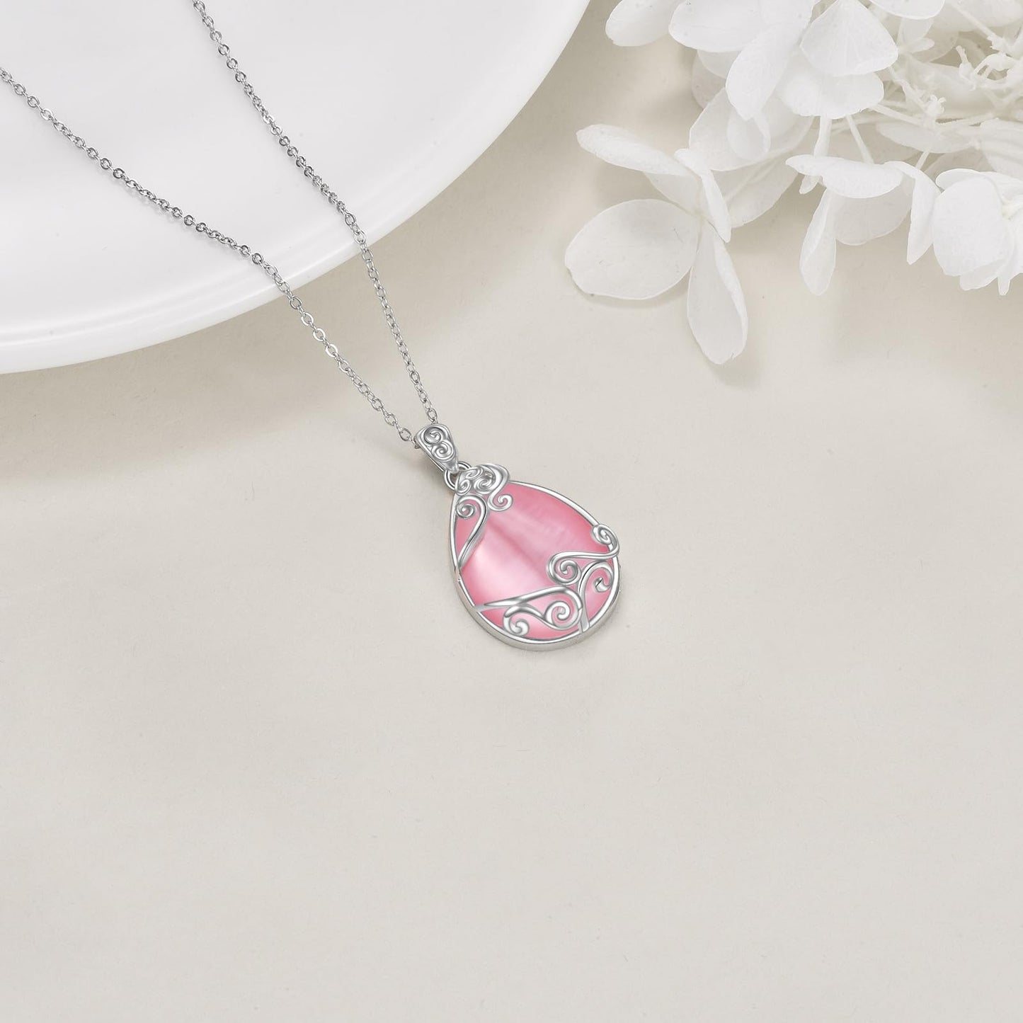 YAFEINI Teardrop Necklace 925 Sterling Silver Pink Natural Stone Necklace Filigree Pendant Necklace Jewellery for Women Girls (V-Pink Opal teardrop necklace)
