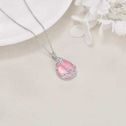 YAFEINI Teardrop Necklace 925 Sterling Silver Pink Natural Stone Necklace Filigree Pendant Necklace Jewellery for Women Girls (V-Pink Opal teardrop necklace)