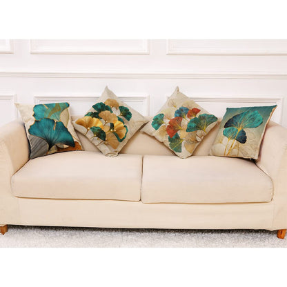 Sweetwill Set of 4 Decorative Cushion Covers 45 x 45 Linen Jungle Throw Pillow Cases Gold Teal Farmhouse Natural Cushion Covers 18x18 Sofa Cushions Modern Living Room Outdoor Garden