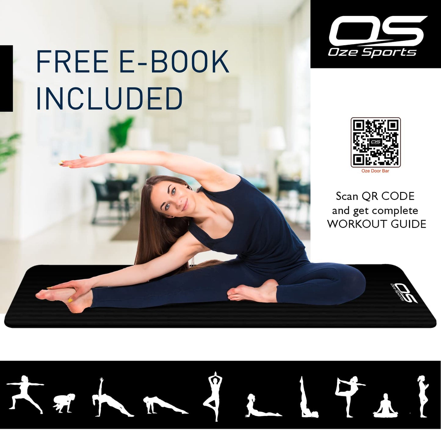 Yoga Mat Exercise NBR Fitness foam mat Extra Thick Non-Slip Large Padded High Density ideal for HiiT Pilates gymnastics mats Fitness & Workout with Free Carry Strap (Black)