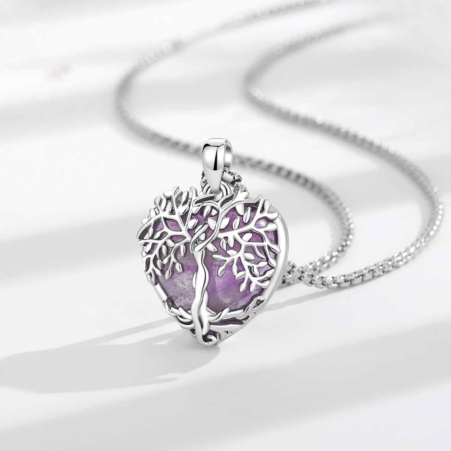 AEONSLOVE Amethyst Necklace Tree of Life Necklace for Women Ladies Girls Amethyst Healing Crystal Necklaces Heart Life Tree Pendant Healing Stones and Crystals Jewellery Gifts