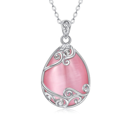 YAFEINI Teardrop Necklace 925 Sterling Silver Pink Natural Stone Necklace Filigree Pendant Necklace Jewellery for Women Girls (V-Pink Opal teardrop necklace)