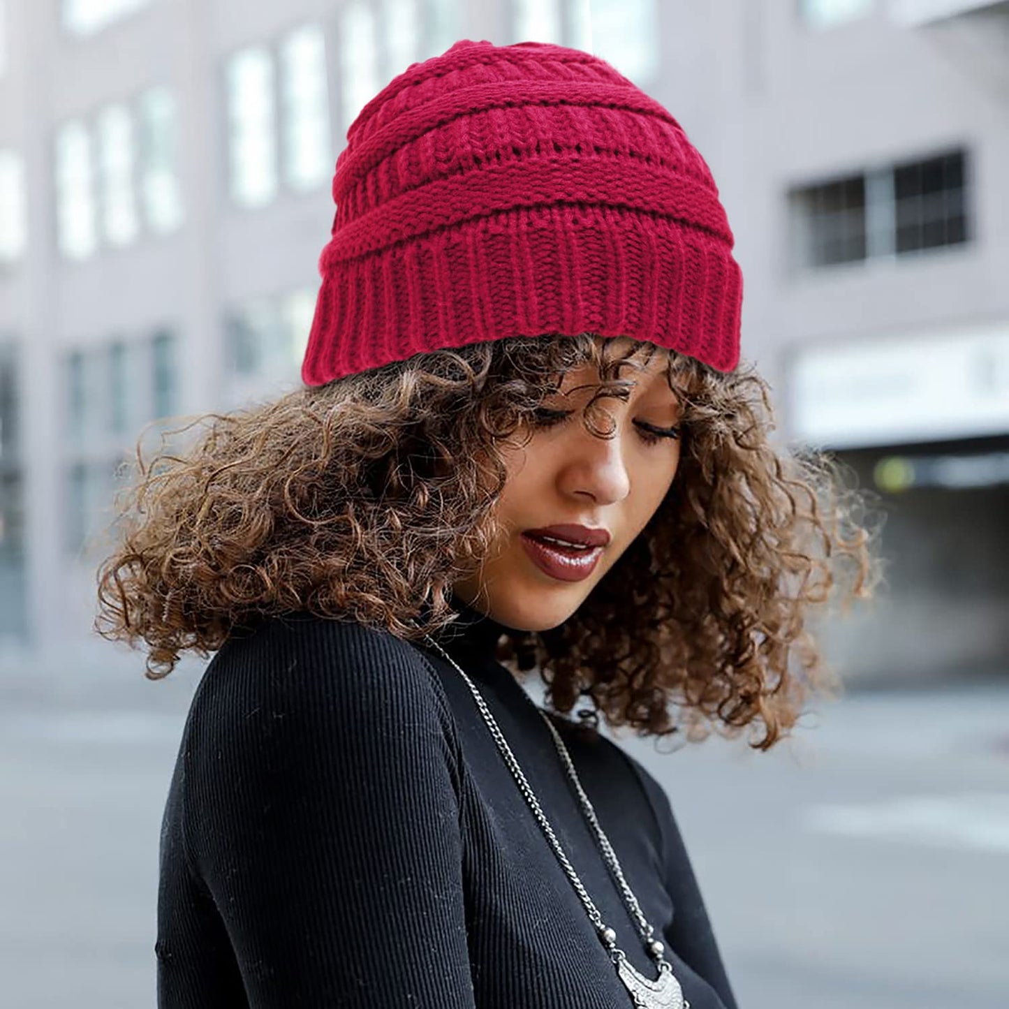 Hcimooy Winter Warm Knitted Hat Satin Silk Lined Cable Knit Beanie Chunky Slouchy Skull Cap for Womens (Wine red)