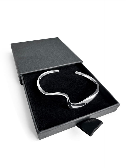 925 Sterling Silver Wave Bangle Bracelet for Women – Adjustable Modern Cuff, Handmade Minimalist Design – Polished Torque Bangle in Gift Box