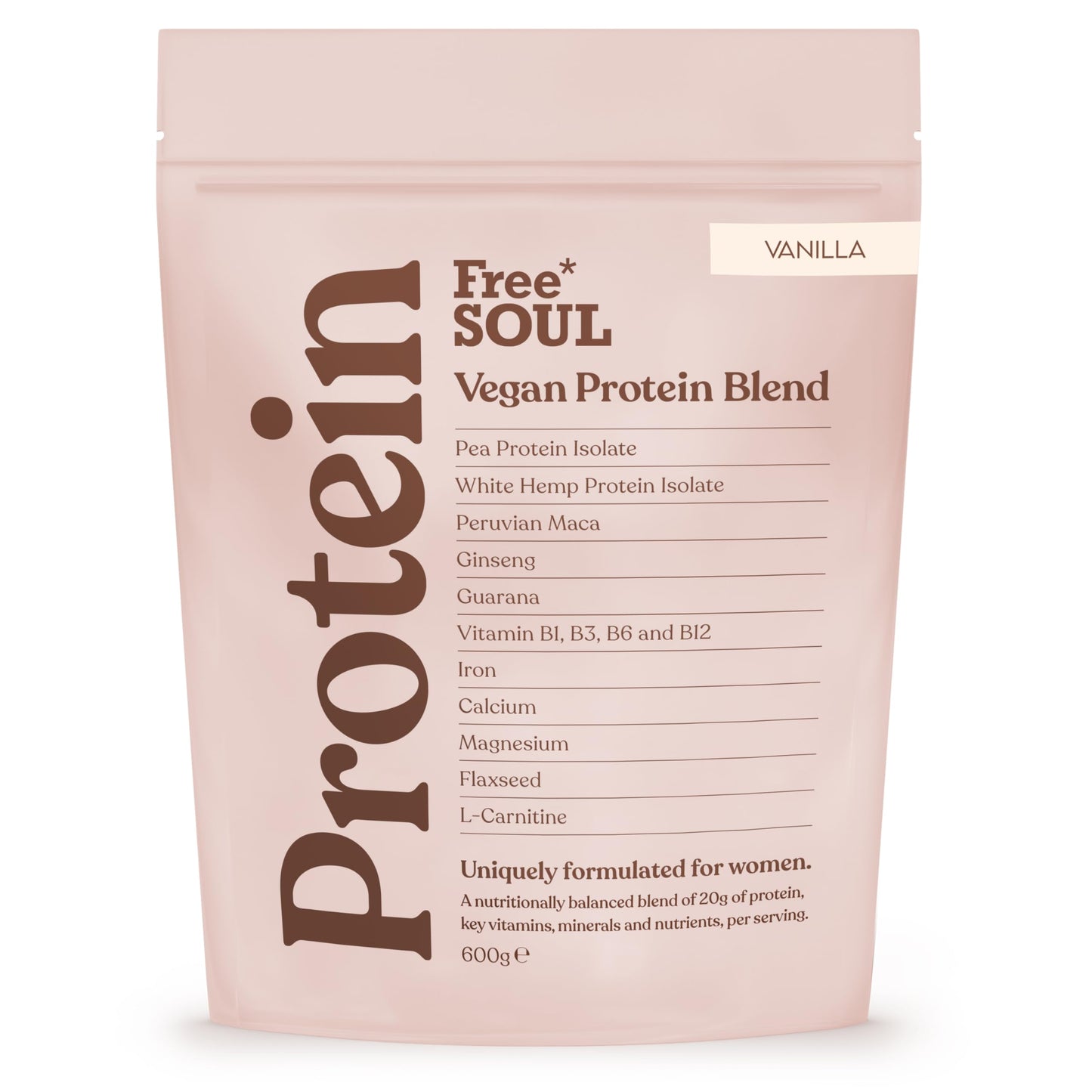 Free Soul Vegan Protein Powder | Formulated for Women | 600g | 20g Protein with Added Nutrients | Gluten & Soy Free Plant-Based Nutrition Shake | Pea & Hemp Isolate Protein | Vanilla Flavour