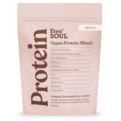 Free Soul Vegan Protein Powder | Formulated for Women | 600g | 20g Protein with Added Nutrients | Gluten & Soy Free Plant-Based Nutrition Shake | Pea & Hemp Isolate Protein | Vanilla Flavour