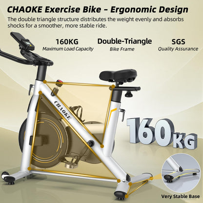 CHAOKE Exercise Bike Indoor Cycling, Stationary Bike 360LBS Capacity, Fully Adjustable Magnetic Resistance Silent Fitness Bike, Comfortable Seat, Tablet Holder for Home Gym Cardio Workout Training
