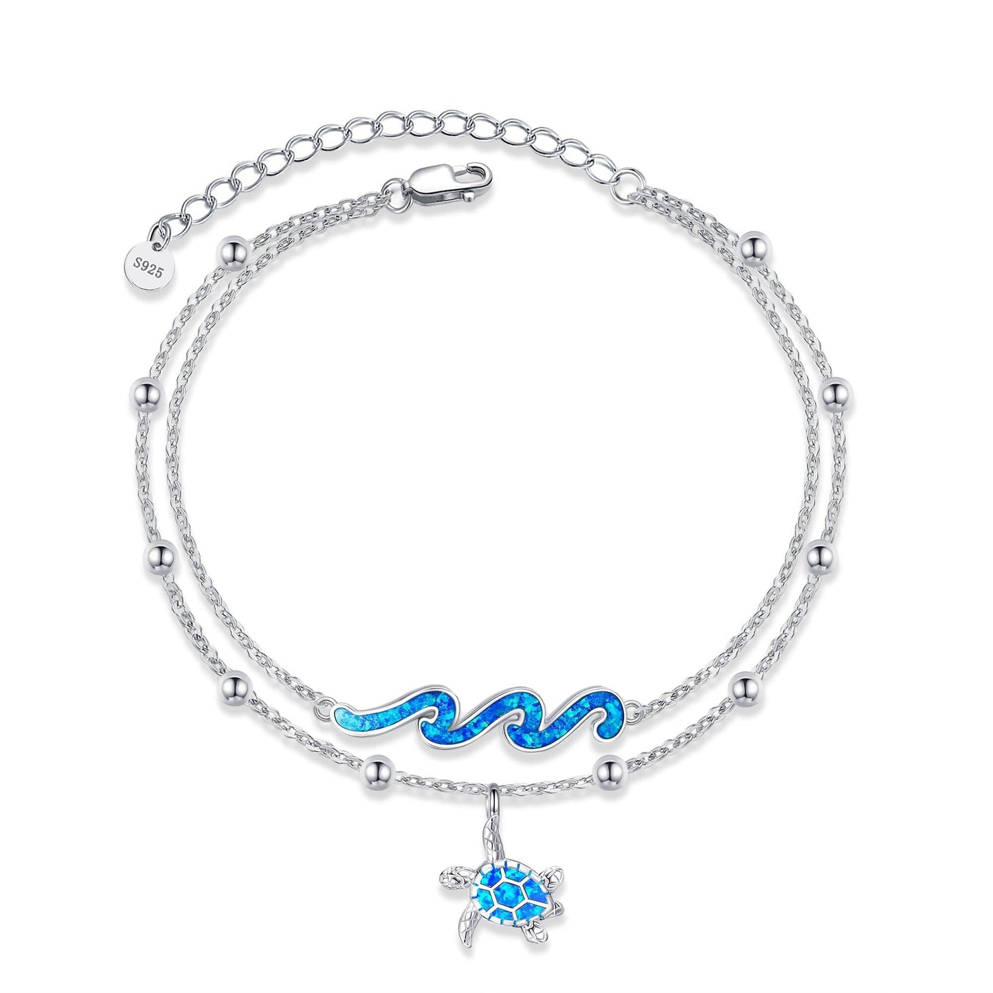 DAYLINLOVE Turtle Wave Anklet 925 Sterling Silver Blue Opal Turtle Wave Anklet Ocean Jewellery for Women