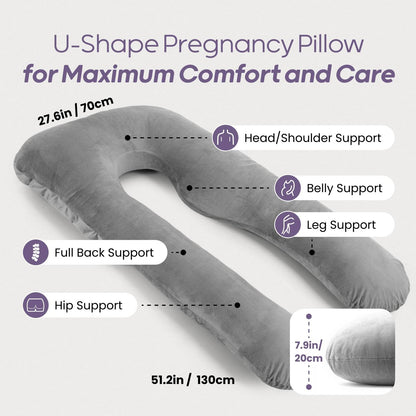 Nuliie Pregnancy Pillow for Sleeping, U Shaped Full Body Pillow Pregnancy Pillows, Maternity Pillow Support for Back, Hips, Legs for Pregnant Women, With Washable Velvet Cover (Grey)