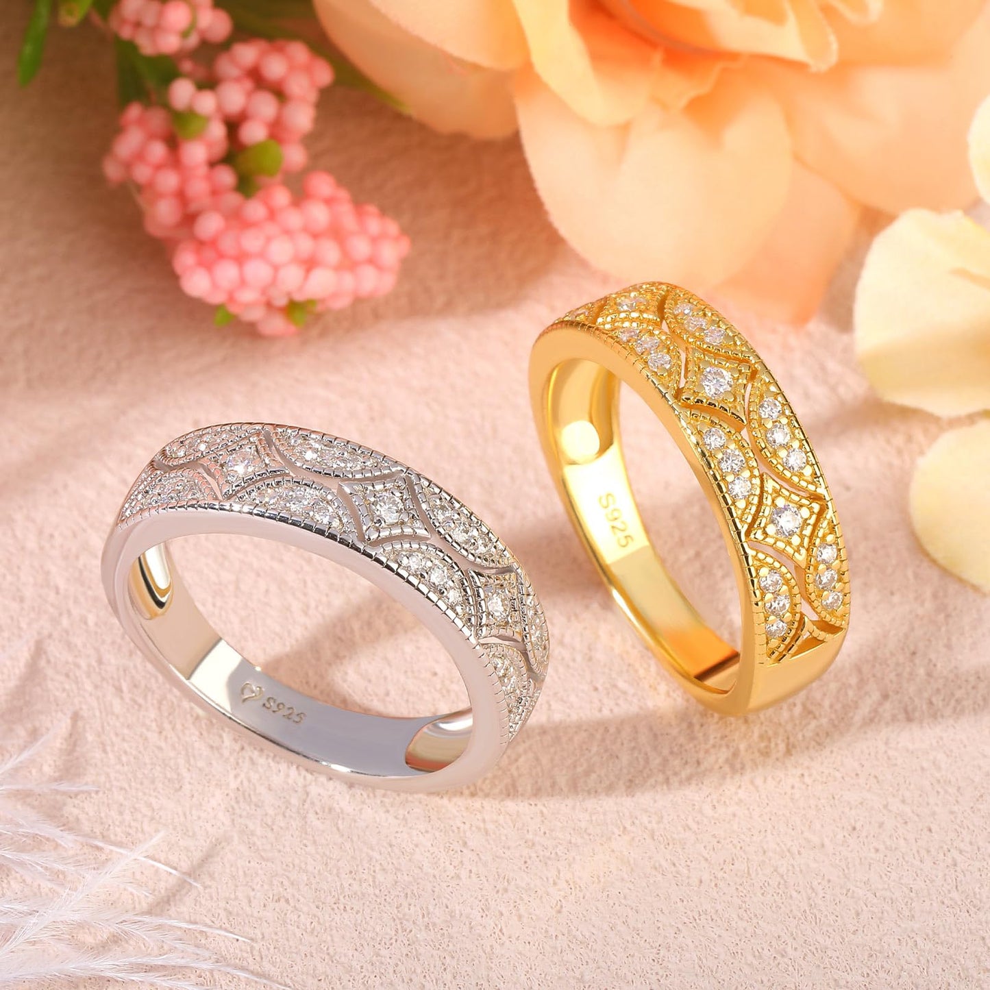 Jeulia 925 Sterling Silver Rings Milgrain Round Cut Women's Band Anniversary Promise Rings with Jewelry Box for Her Women ladiess (K-1/2) (Silver, Q-½)