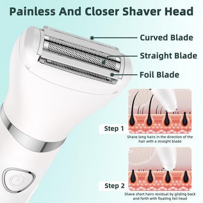 Lady Shaver for Women,3-in-1 Wet & Dry Use Bikini Trimmer for Women,Electric Painless Razor for Legs,Body,Private Area,Sensitive Skin (White)