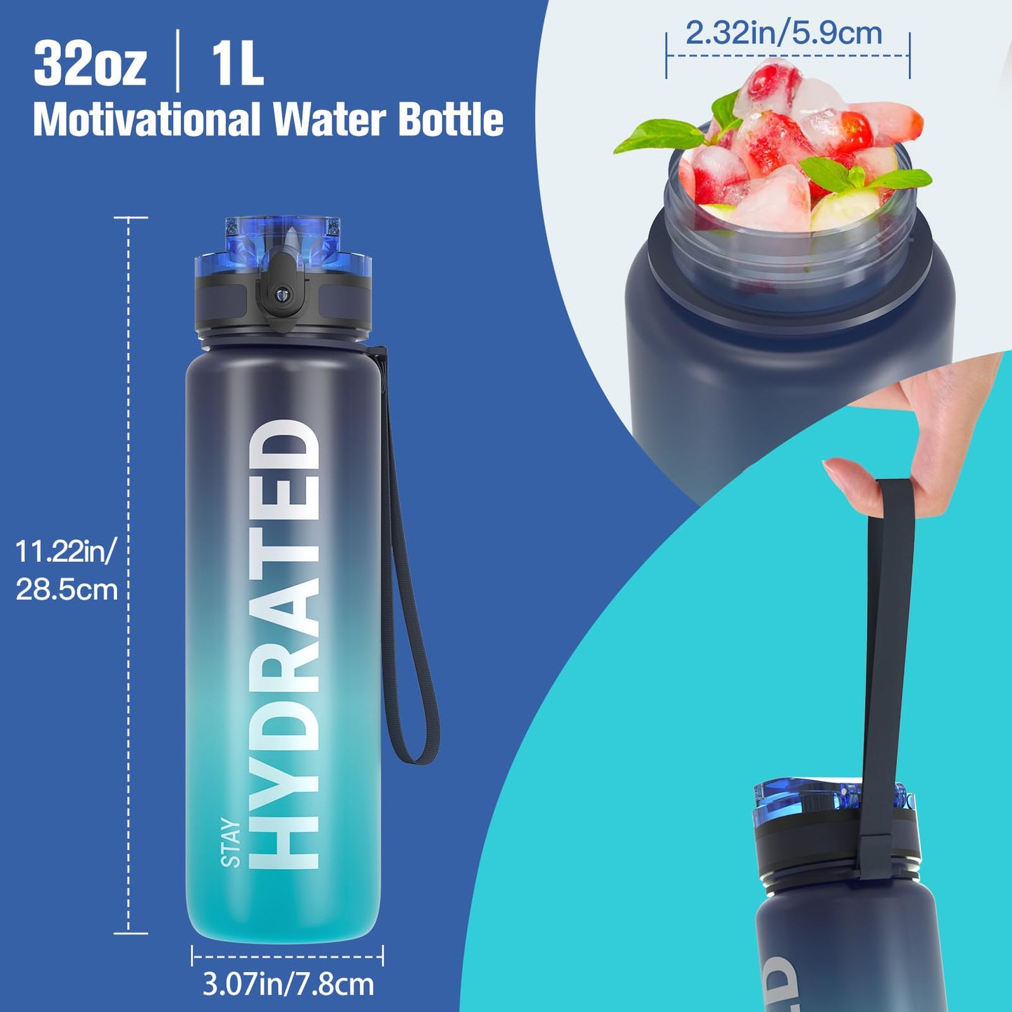 Sahara Sailor Leakproof Water Bottle 1L, Tritan BPA Free Motivational Sport Drinks Bottle with Clear Time Marker, Lock Cover, Easy Clean Brush, Durable for Gym, School, Hiking, Cycling (1 Bottle)