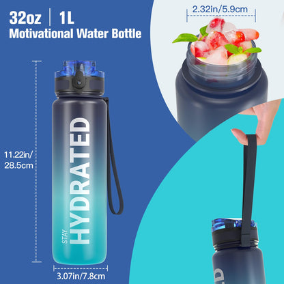 Sahara Sailor Leakproof Water Bottle 1L, Tritan BPA Free Motivational Sport Drinks Bottle with Clear Time Marker, Lock Cover, Easy Clean Brush, Durable for Gym, School, Hiking, Cycling (1 Bottle)