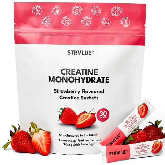Creatine Monohydrate | Lab Tested | 30 Travel Sachets, 5g Creatine Each | Natural Strawberry Flavour | Zero Sugar | Supports Muscle Growth, Strength, Recovery, Cognition & Performance | for Men&Women