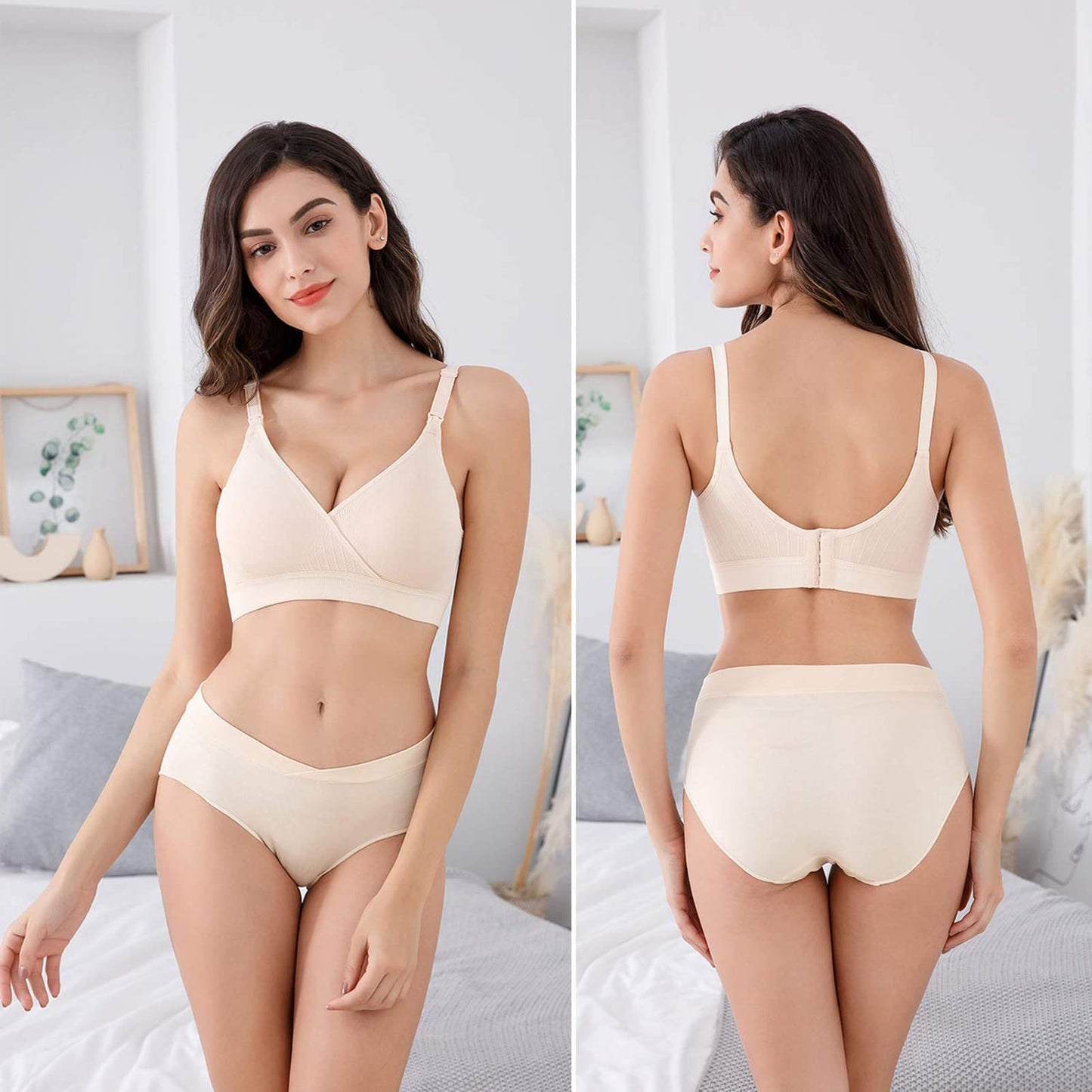 Vinfact Nursing Bra 3 Pack Seamless V Neck Maternity Bra Women Pregnancy Breastfeeding Bra（A-Black,Nude,Grey，M）