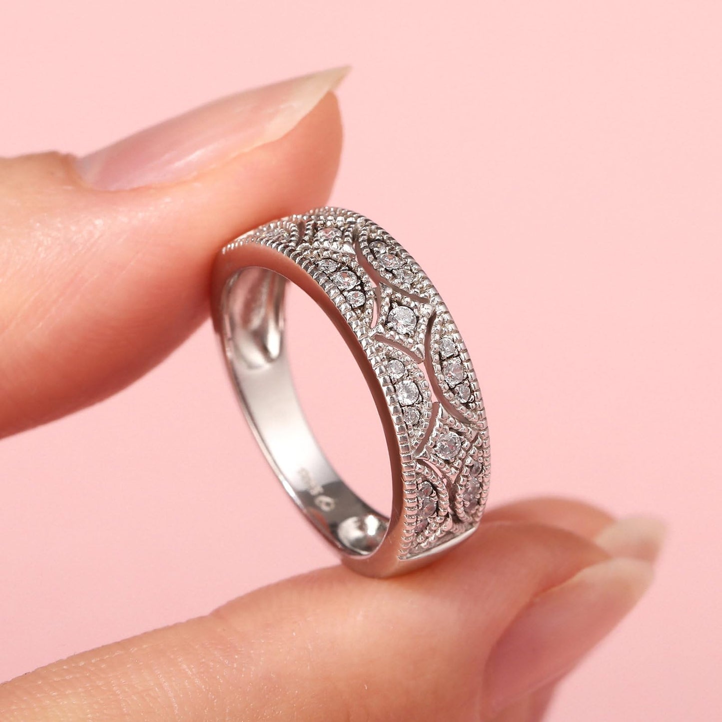 Jeulia 925 Sterling Silver Rings Milgrain Round Cut Women's Band Anniversary Promise Rings with Jewelry Box for Her Women ladiess (K-1/2) (Silver, Q-½)