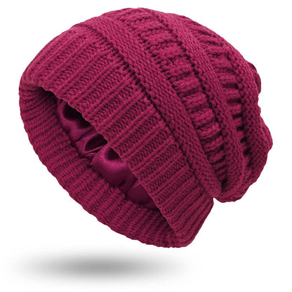 Hcimooy Winter Warm Knitted Hat Satin Silk Lined Cable Knit Beanie Chunky Slouchy Skull Cap for Womens (Wine red)