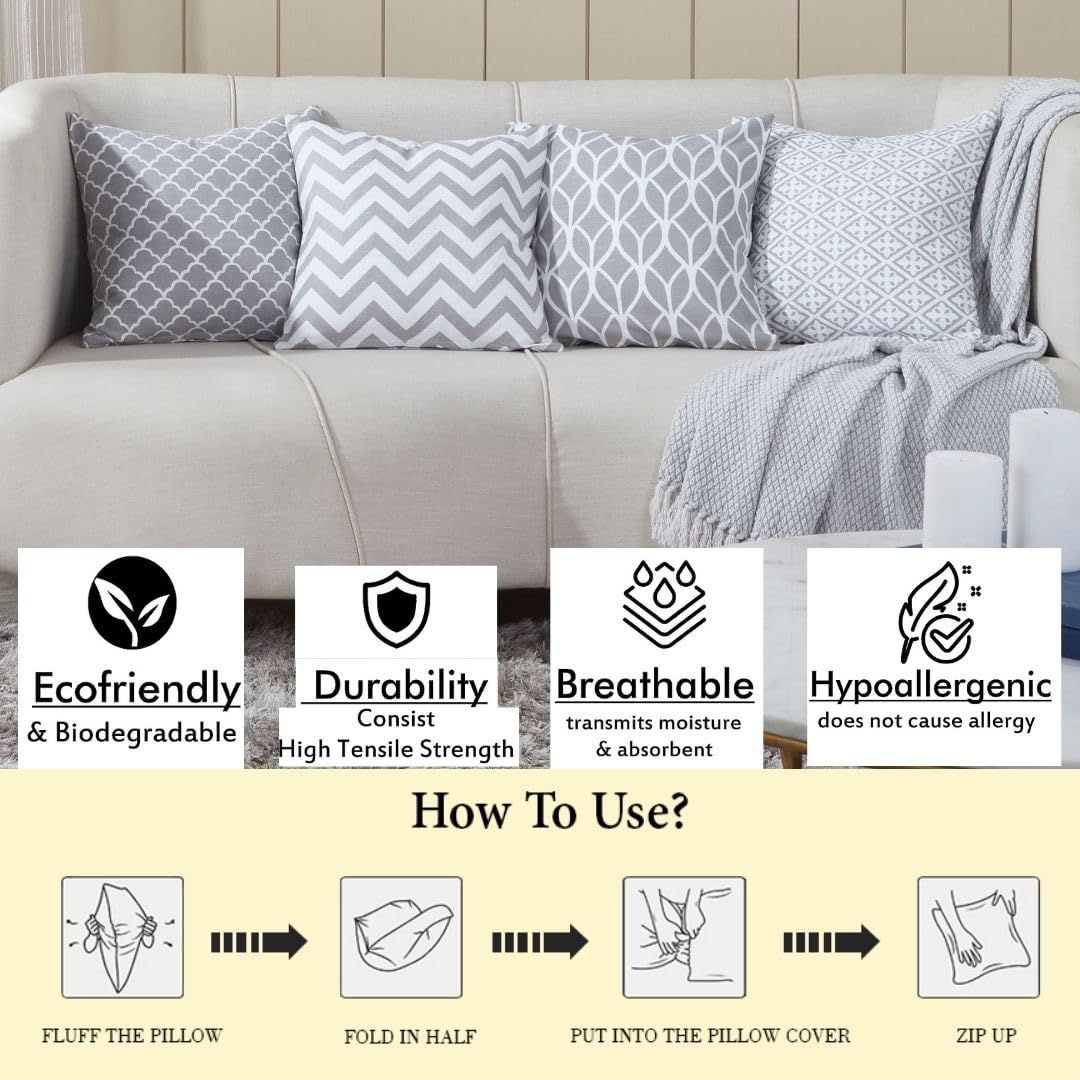 Penguin Home Set of 4 100% Slub Cotton Fabric Cushion Covers 45cm x 45cm Double Sided Square Pillow Covers with Invisible Zipper Pillow Cases for Living Room, Bedroom, Sofa (Grey)