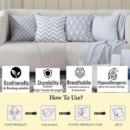 Penguin Home Set of 4 100% Slub Cotton Fabric Cushion Covers 45cm x 45cm Double Sided Square Pillow Covers with Invisible Zipper Pillow Cases for Living Room, Bedroom, Sofa (Grey)