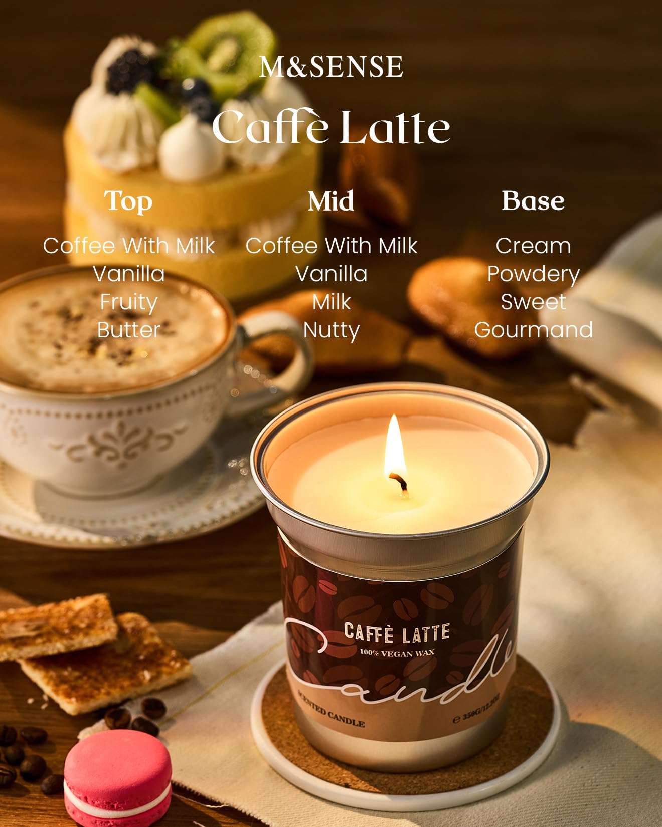 M&SENSE Coffee Candle 460g, Caffe Latte Scented Candles, 99 Hours Long Burning, Organic Soy Wax Candles for Cafe, Bedroom, Kitchen, Sleep Candle Gift for Men & Women