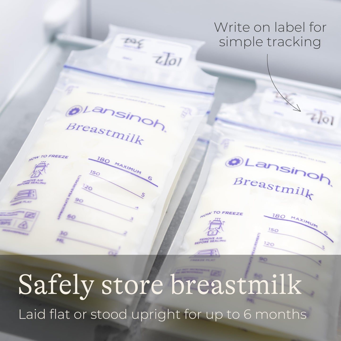 Lansinoh Breast Milk Storage Bags Breastmilk Pouches for fridge or freezer use, store flat or standing, BPA and BPS free, pre-sterilised, double zipper seal, Pack of 25, Packaging may vary