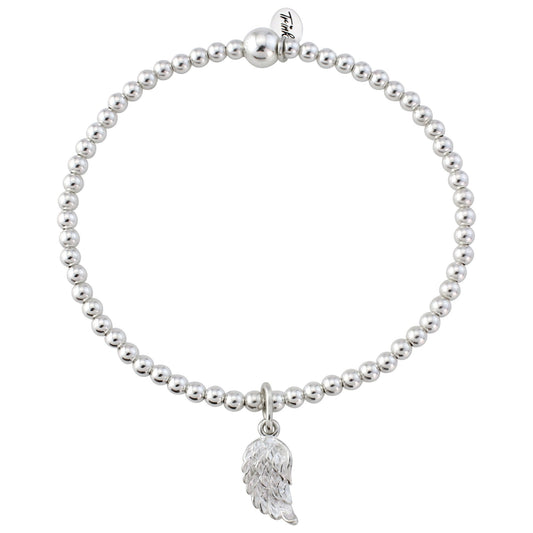 Trink Brand Angel Wing Charm Sterling Silver Beaded Bracelet Feathers