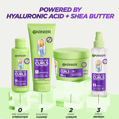 Garnier Method For Curls Moisture Shampoo, up to 7 days of moisture & curl definition. Designed, tested & approved on all curl types, including type 4 curls & coils. Silicone free, Vegan Formula,150ml