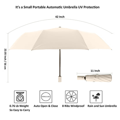 BAODINI Small UV Protection Travel Umbrella Compact for Rain and Sun UPF 50+ Windproof Portable 42 inch Umbrella for Women and Men