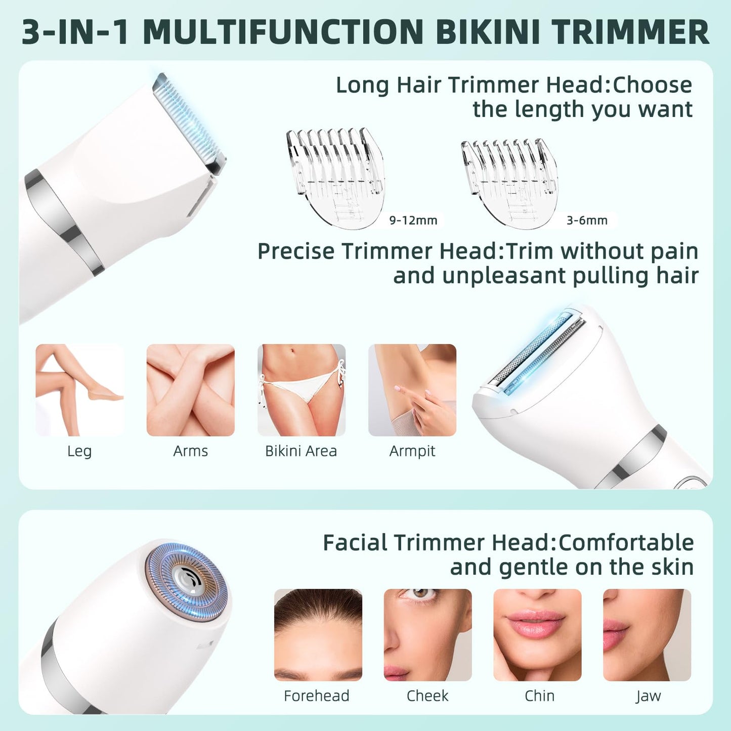 Lady Shaver for Women,3-in-1 Wet & Dry Use Bikini Trimmer for Women,Electric Painless Razor for Legs,Body,Private Area,Sensitive Skin (White)