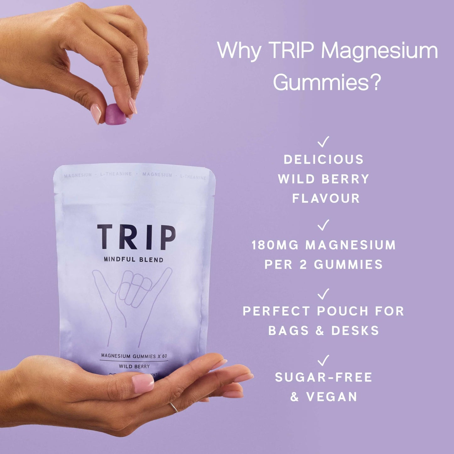 TRIP Magnesium Gummies, Wild Berry, 5,400mg Magnesium Citrate per Pack, 90mg x 60 Gummies, Highly Absorbable, Electrolyte Balance, Plant-Powered, Sugar-Free & 3rd Party Tested